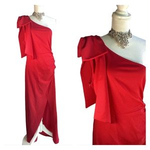 Women’s One-Shoulder Red Evening Dress with Draped Bow